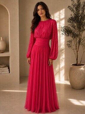 Vintage Victoria Royal Ltd Pleated Chiffon Maxi Gown Fuchsia Pink Size 10